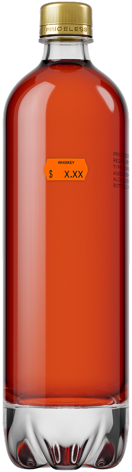 Pricless glas whiskey bottle shaped like PET soda bottle